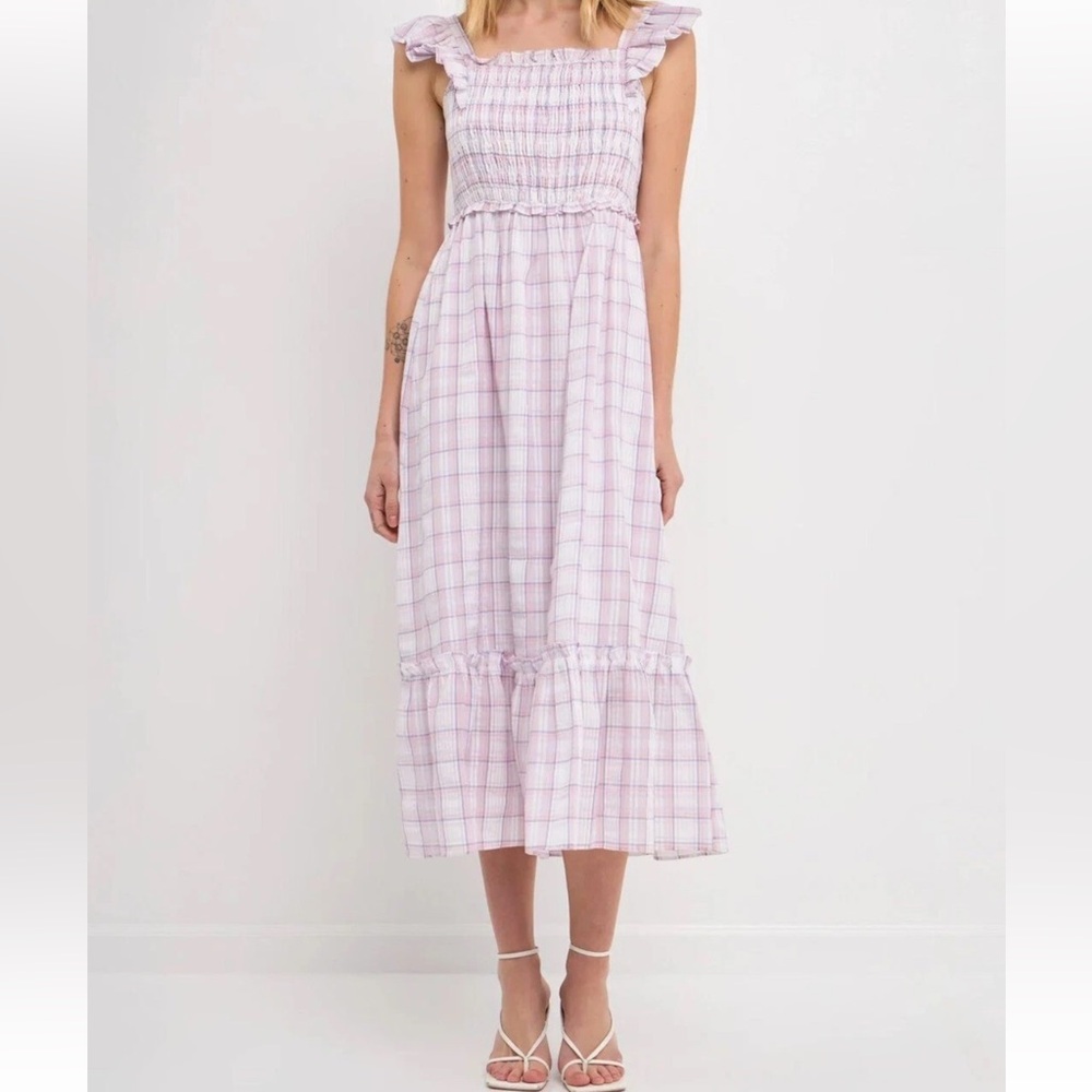 Smocked linen type gingham plaid dress